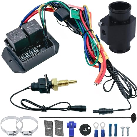 104-230'F Digital Adjustable Dual Electric Cooling Fan 1/8 Inch NPT Thread-in Thermostat Sensor Switch Temperature Controller Radiator Hose Adapter Wiring Kit (16mm)