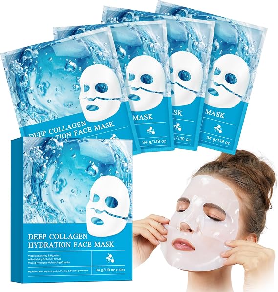 Collagen Face Mask, Deep Collagen Hydration Face Mask, Collagen Mask, Hydrating Overnight Hydrogel Mask, Pore Minimizing, Moisturize, Firm & Enhance Skin Vitality (34g x 4ea)