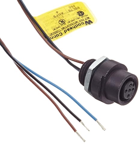 Molex 8R3A00A18A120 Micro-Change A-Code Receptacle, Female Straight, 3 Pole, 1/4"-18NPT Mounting Thread Size, UL1061 Cable Type, PVC Cable Jacket, 22AWG Wire Size, 4.0A Max Current Rating, 250V AC/DC Max Voltage, 12" Cable Length, Front Panel Mount