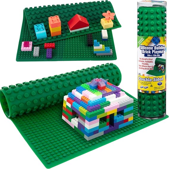 Green Silicone Playmat 16" for Building Brick Blocks, Rollable & Portable