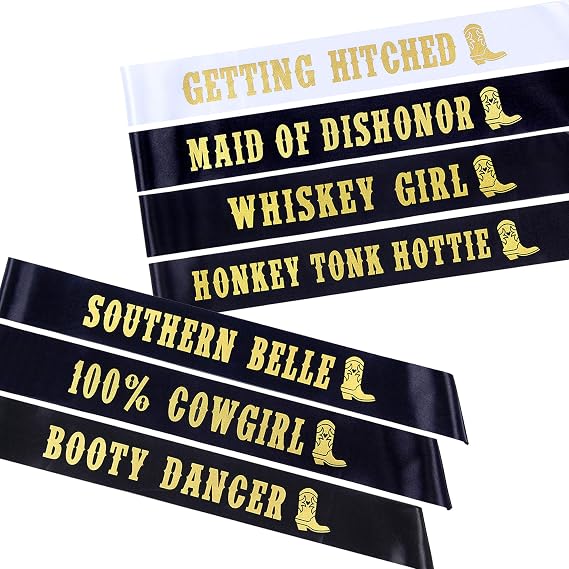 Pop Fizz Designs Nashville Bachelorette Party Sashes | 7 Pack | Includes 1 Bride Sash Getting Hitched | 6 Funny Bride Tribe Sashes for Bridal Party