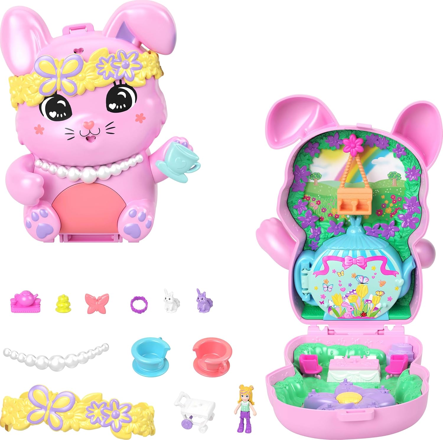 Polly Pocket Doll and Playset, Tea Party Bunny Compact, Travel Toy with 1 Micro Doll, Pet Bunny, Food & Fashion Styling Accessories