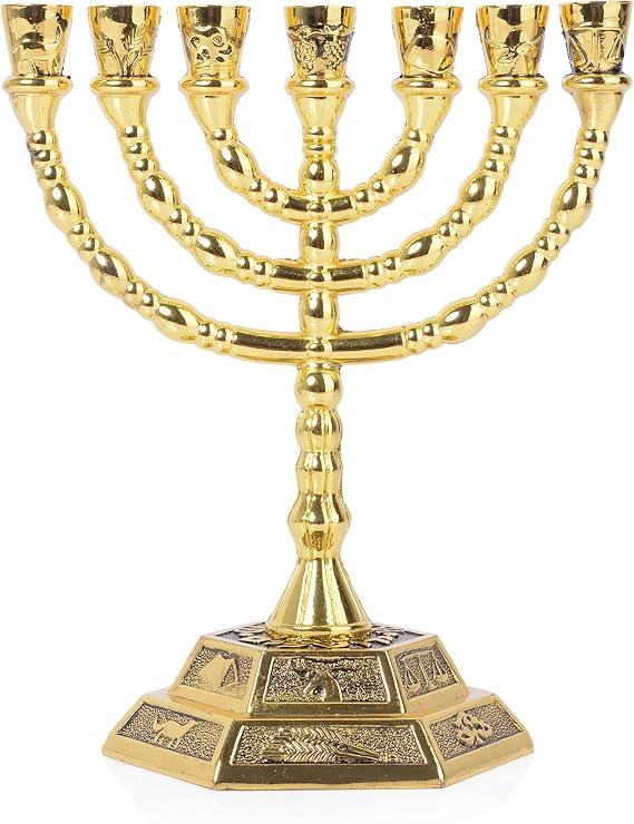 BRTAGG Menorah 7 Branch, 12 Tribes of Israel, Jerusalem Temple Jewish Candle Holder (13cm, Gold)