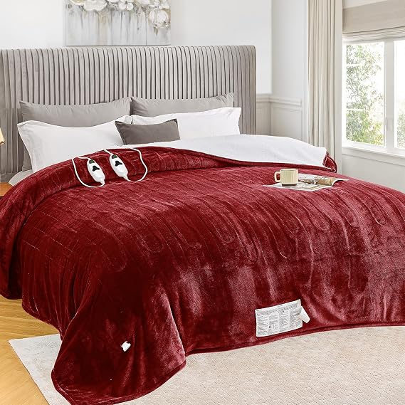 greenoak Heated Blanket Electric Queen Size 84"X90" Dual Control, Heating Blanket with 10 Levels 1/2/4/6/8 Hours Auto-Off, Soft Sherpa Warm Christmas Blanket,Red