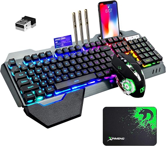 Wireless Membrane RGB Gaming Keyboard and Mouse with Rainbow Backlit-Black
