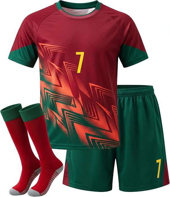 Kids Soccer Jersey Boys Youth Uniform Set - 3pc Soccer Kit with Jersey #7, Shorts, Socks for Ages 5-13