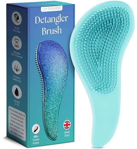 Lily England Glitter Detangler Brush for Curly, Thick, Wet & Dry Hair, Blue