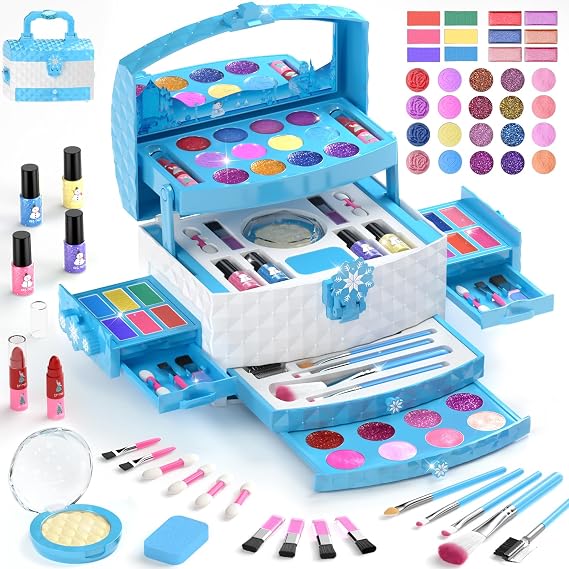 GirlsHome Kids Makeup Set for Girl 56 Pcs Washable Real Cosmetic, Non-Toxic Frozen Toys Toddler Makeup Kit, Frozen Princess Dress up Kit Christmas & Birthday Girl Gift for 3-12 (Frozen Blue)