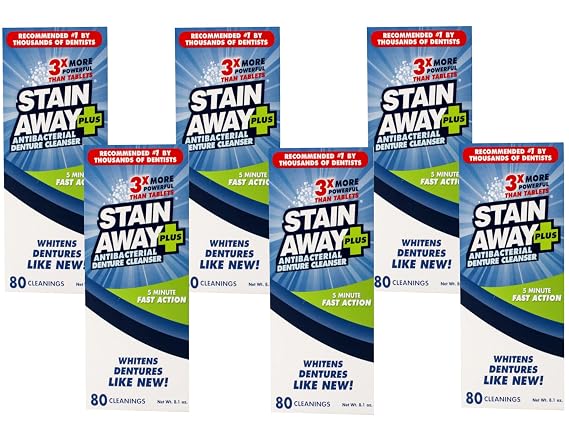 Stain Away Plus, Denture Cleanser, 80 Cleanings, 8.1 oz, 5-Minute Fast Action, 3X More Powerful (Pack of 6)