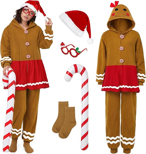SOMSOC Women Gingerbread Onesie Pajamas Adult Christmas One-Piece Flannel Jumpsuit Gingerbread Hooded Sleepwear Homewear