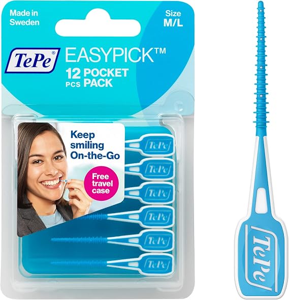 TePe Dental Floss Picks, Tooth Picks Flossers, Floss Sticks, EasyPicks M/L, Blue, 12 Pk