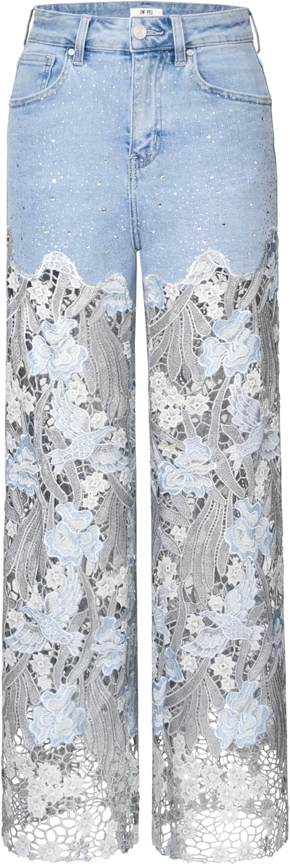 JW PEI Women's Embroidery High Rise Wide Leg Lace Denim Jeans with Rhinestone
