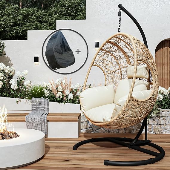 JOYBASE Hanging Egg Chair with Stand, Oversized Patio Swing Chair with Stand and Cushion, Hammock Wicker Rattan Lounge Chair for Indoor Outdoor Backyard Garden (Beige)