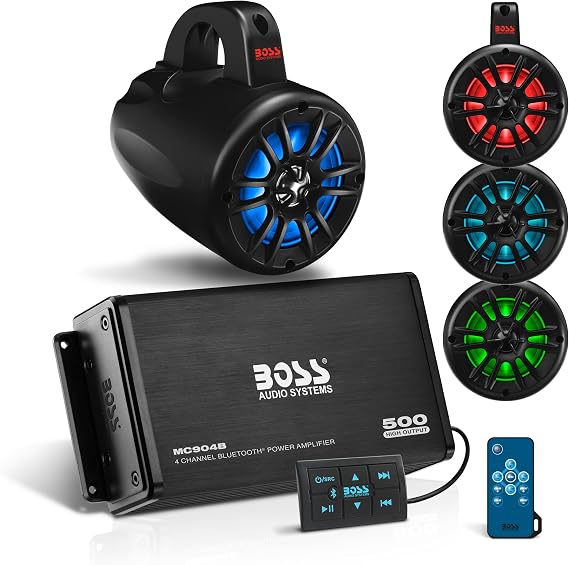BOSS Audio Systems UNI4RGB Marine Audio Package, Speakers & 4 Channel Amp