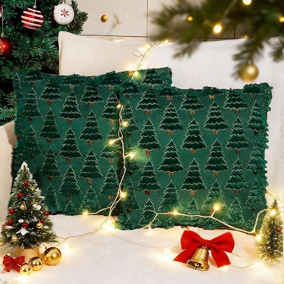 Christmas Pillow Covers 18x18 Inch Set of 2 - Beige Jacquard Plush Faux Fur, Xmas Tree, Winter Festive Decor for Bedroom Sofa Living Room, Christmas New Year Decor for Modern Farmhouse