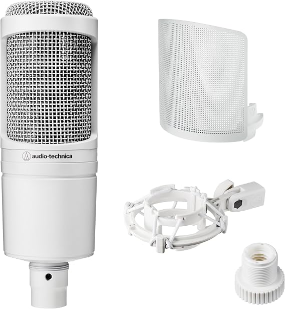 Audio-Technica AT2020 CWH Condenser Microphone, XLR, Video Distribution, Home Recording, Podcast, Live DTM Recording Microphone, Official Limited Color, Complete White, Pop Filter, Shock Mount