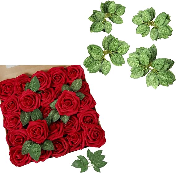 AmyHomie 25pcs Dark Red Rose w/Stem and 40pcs Leaves for DIY Wedding Bouquets Centerpieces Arrangements Party Baby Shower Home Decorations