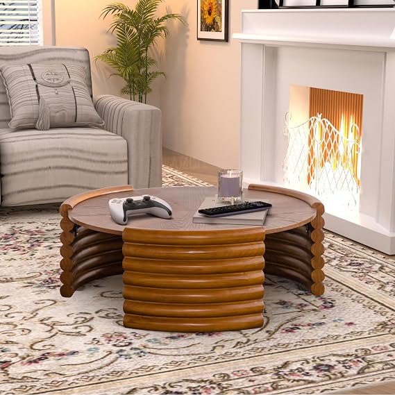 36 Inch Round Coffee Table with Fluted Arch Legs and Wood Grain Veneer Top - Circle Coffee Table for Living Room - Modern Mid-Century Wooden Center Table for Small Spaces, Walnut