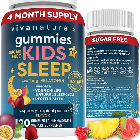 Kids Sleep Gummies with Melatonin 1 mg - Vegan, Gluten and Sugar-Free Chewable Sleep Support Gummy for Children Ages 3+ for Calming & Occasional Restlessness - 120 Count - Raspberry Tropical Punch