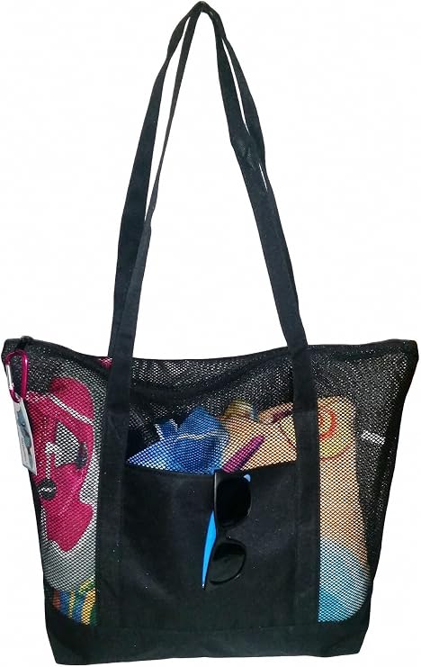 Mesh Beach Tote Bag Black - Good for the Beach - 20 in X 15 in X 5 In