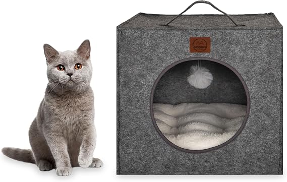 Jungolica Kitty Keçe Kedi Yatağı 40x40 cm, Kutu Şeklinde Tasarım, Çift Taraflı Çıkarılabilir Yıkanabilir Minder, Sıcak Tutucu Keçe, Konforlu Kedi Evi