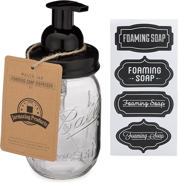 Jarmazing Products Mason Jar Foaming Soap Dispenser - Black - with 16 Ounce Ball Mason Jar