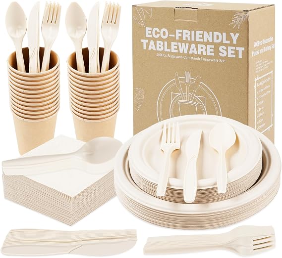 Anstore 200Pcs Paper Plates and Napkins for 25 Guests Disposable Cutlery
