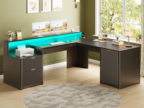 SEDETA 66" Modern L Shaped Desk with Drawers, Fluted Home Office Desk with File Cabinet & Printer Shelf, Wood Executive Desk with Monitor Stand, Power Outlets, Led Lights, Black