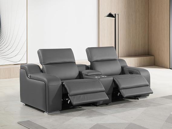 BlackJack Furniture Ibero Top Grain Italian Leather 3 Piece Reclining Sofa Set with 2 Power Recliners, Cupholders, Deep Storage Console, USB Ports & Wireless Charging Pad, Dark Grey