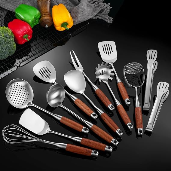 Stainless Steel Kitchen Cooking Utensils Set Wooden Handle 12 PCS