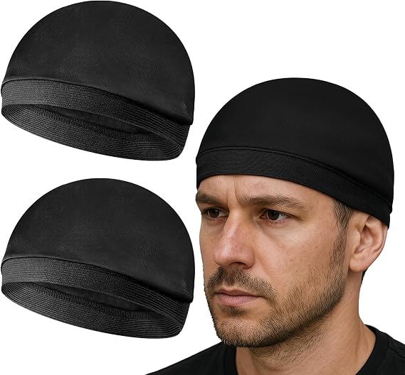 Wave Cap, 2 Pcs Black Soft Breathable Wave Caps for Black Men Washable Reusable Polyester Hair Bonnet for Sleeping Men Flexible Wrap Cap