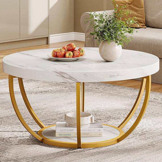 Tribesigns White and Gold Round Coffee Table, 31.7" Living Room Table