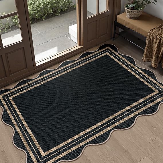 Easy Jute Black Front Door Mat, 2.6x4 Washable Entryway Rug Non Slip Small Kitchen Rug, Farmhouse Low Pile Floor Scalloped Rugs for Bathroom Porch Doorway