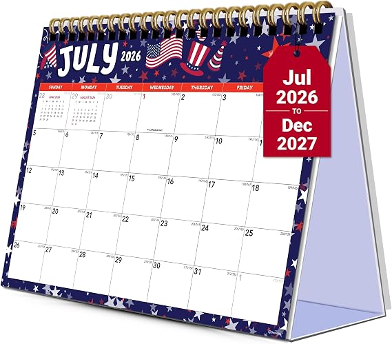 Decorably 18 Months Colorful Assorted Standing Small Desk Calendar 2026-2027 July 2026 to December 2027, 8x6in Spring-Bound Sheets for Office, Home & School