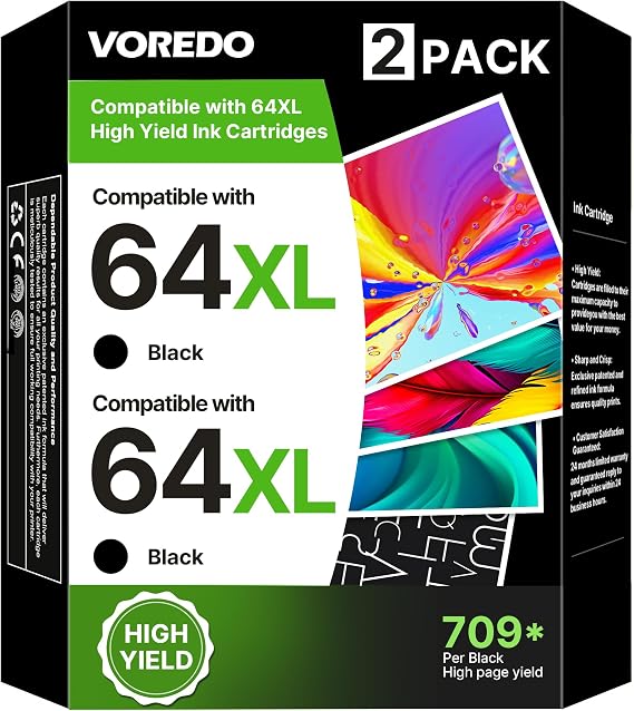64XL Black Ink Cartridge Replacement for HP 64 Black Ink Cartridge (2Pack)