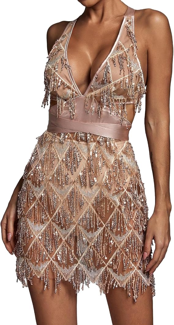 BELLA BARNETT Mini Sexy Dress V Neck Corset Dress for Women Low Stretch See Through Dress