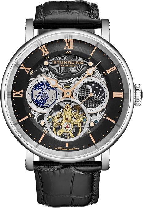 Stuhrling Original Dual Time Automatic Watch, 47mm Case, Skeleton Dial, Leather Strap, Sun/Moon AM/PM Indicator 5 ATM Water Resistant