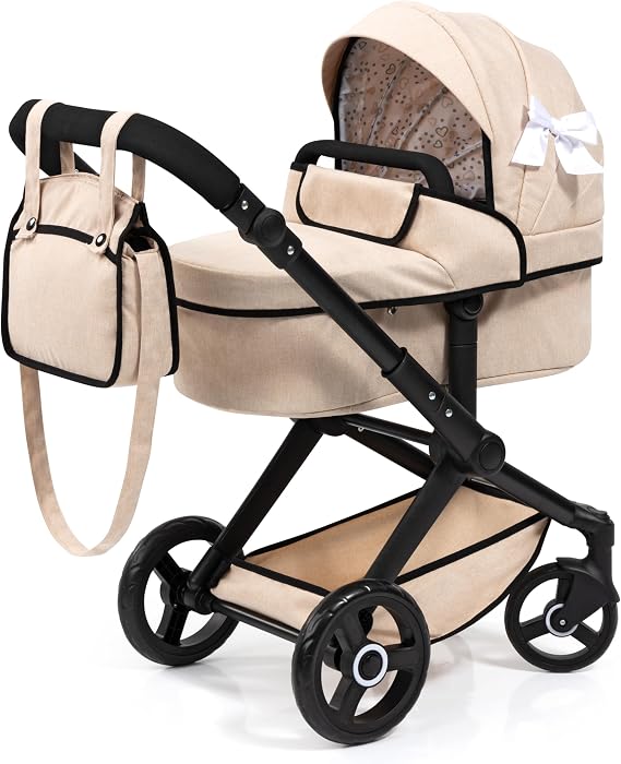 Bayer Baby Dolls Pram XEO - Convertible Doll Pushchair, Carrycot & Changing Bag - Stroller with Adjustable Handle Height for Girls, Tall Dolls Pram for 6+, 3-5 Year Olds - Beige, Ribbon