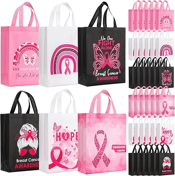 Sweetude 60 Pcs Breast Cancer Awareness Gift Bags Bulk Reusable Non Woven