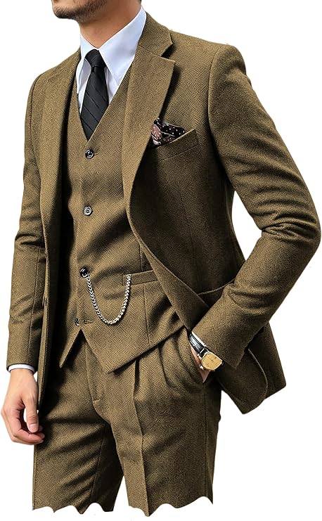 3 Pieces Tweed Herringbone Men's Suits Slim Fit, Tweed Vintage Tuxedos Blazer Vest Pants