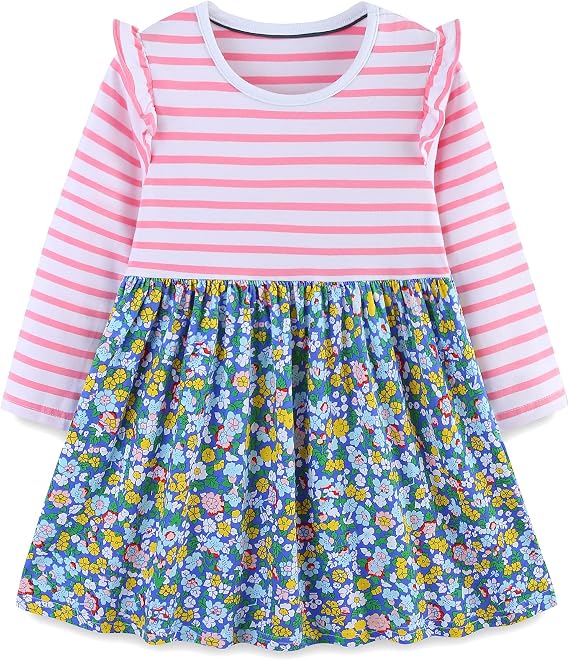 Hongshilian Toddler Girls Cotton Casual Dress Cute Cartoon Appliques Long Sleeve Playwear Dresses