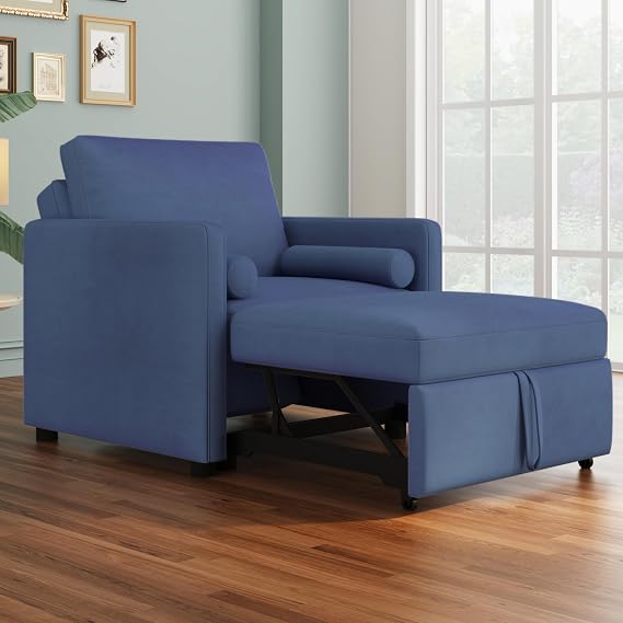 3 in 1 Convertible Sleeper Chair with Adjustable Backrest Multi-Functional Velvet Folding Sofa Couch Bed Lounger Chair Turns Into Single Bed for Living Room Guest Room Small Space Furniture Ink Blue