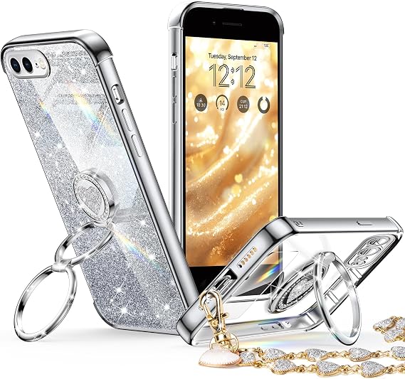 XYZ for iPhone 8 Plus Case with Stand, iPhone 7 Plus Phone Case with Double Ring Kickstand, Women Girls Bling Luxury Glitter Clear Phone Case Cover Heart for iPhone 8 Plus/7 Plus, Silver