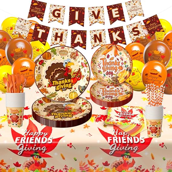 Thanksgiving Party Supplies 212 PCS Disposable Plates Tablecloth Napkins Cups Banner Balloons Thanksgiving Party Decorations Fall Party Supplies Dinnerware Set Serves 24 Friendsgiving