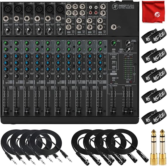 Mackie 1402VLZ4 14-Channel Compact Mixer Bundle with 4x Mophead 10-Foot TRS Cable, 4x 10-Foot XLR Cable, 2x 1/4" to 3.5mm Adapter, 10x Cable Ties and Microfiber Cloth