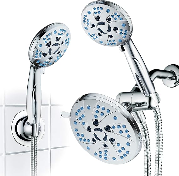 Hotel Spa AquaCare Spa Station High Pressure 48-mode 3-way Rainfall & Handheld Shower Head Combo - Anti-Clog Nozzles, Extra-Long 6 ft Stainless Steel Hose, 2nd Wall Bracket/All Chrome Finish
