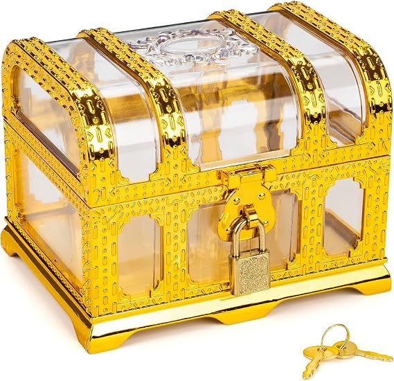 Treasure Chest with Lock and Key,Pirate Theme Party Favors for Kids,Transparent Golden Pirate Chest