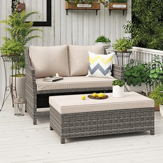 Wicker Patio Loveseat Sofa w/Storage Ottoman, 2 Pcs, Beige | 2-Seat Outdoor Couch,w/Soft Cushions & Built-in Storage Table, Lounge Patio Furniture for Backyard, Porch, Balcony, Apartment