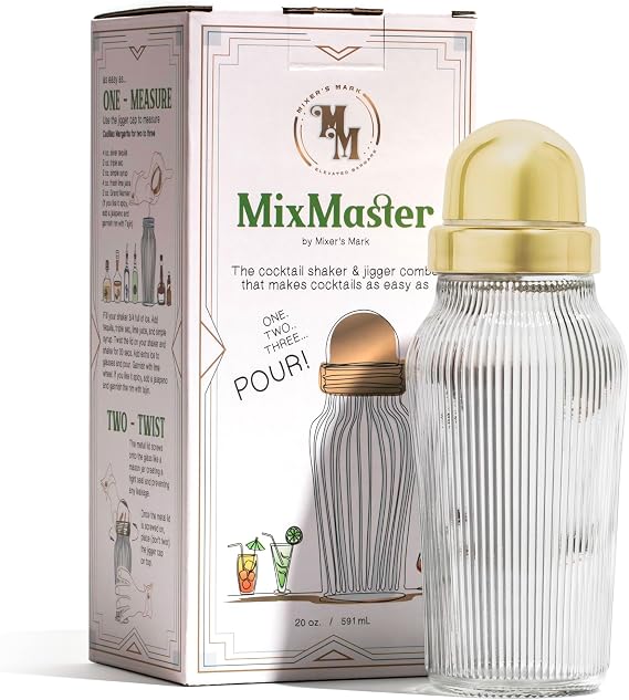 The MixMaster Cocktail Shaker with Strainer and Jigger Measuring Cap - Art Deco Leakproof Glass Drink Mixer for Crafting Cocktails - Innovative Home Bartending Supplies and Accessories - Clear