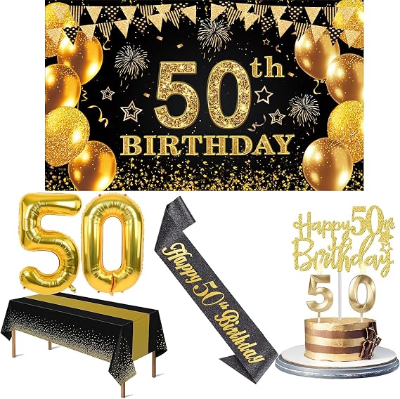 Amosking 50th Birthday Decorations for Men Women Black Gold